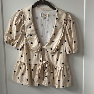 Anthropologie Porridge Polka Dot Peplum Blouse with button and tie closure